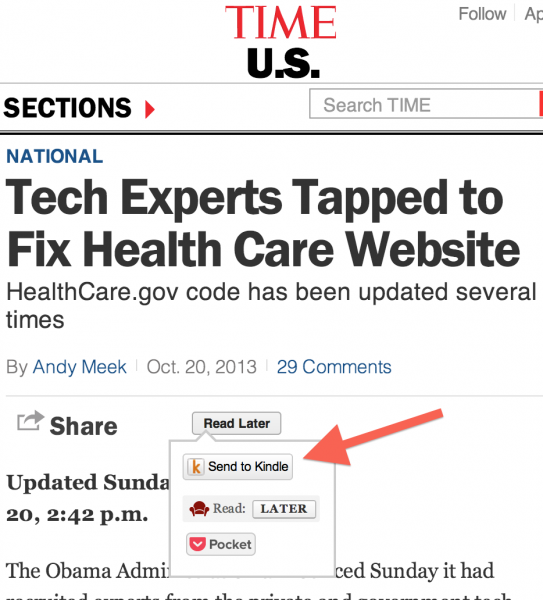 The "send to kindle" button in action on TIME.com The "send to kindle" button in action on TIME.com